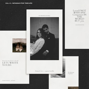 Può includere: Una collezione di modelli per storie Instagram in bianco e nero con layout a tema matrimonio. I design includono testi come COLL: 01 / INSTAGRAM STORY TEMPLATES, THE WEDDING EDITORIAL, LETS WRITE YOURS e una citazione di Shakespeare.