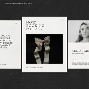 Könnte beinhalten: Ein Set aus drei digitalen Instagram-Beitragsvorlagen mit weißem Hintergrund und schwarzem Text. Die mittlere Vorlage zeigt eine cremefarbene Stoffschleife vor einem schwarzen Quadrat mit dem Text NOW BOOKING FOR 2027 und OUR CALENDAR IS NOW OPEN.