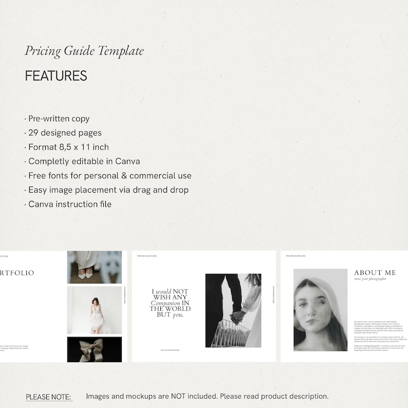Elegant Wedding Photography Pricing Guide: Canva Ivestment with Pre-Written Content (Digital Download)