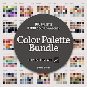 Pode incluir: Um produto digital para Procreate que inclui 100 paletas de cores com 3.000 amostras de cores. A imagem mostra uma grade de paletas de cores com nomes como "Provença", "Pôr do sol na praia", "Amigo secreto" e "Flamingo".