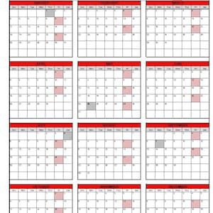 May include: A printable calendar for 2026 with a red border and a grid layout. Each month is displayed in a separate box with the days of the week labeled. The calendar includes a section for employee information and a key for different types of leave.