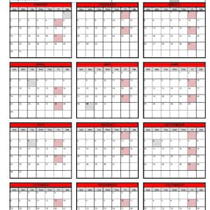 May include: A 2028 attendance controller calendar with a white background. The calendar displays all 12 months, each with a grid of dates. Red highlights mark specific dates. The top of the page includes fields for name and employee ID.