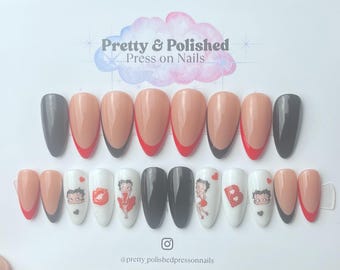 Betty Boop Full Set Nails, Cartoon Nail Art, Almond Nails
