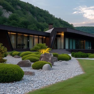 Può includere: Casa moderna dal design architettonico unico, di colore scuro. Presenta ampie vetrate e un tetto piatto. È circondata da un paesaggio lussureggiante, tra cui arbusti verdi, rocce e un prato ben curato. Lo sfondo mostra una montagna e un cielo nuvoloso.