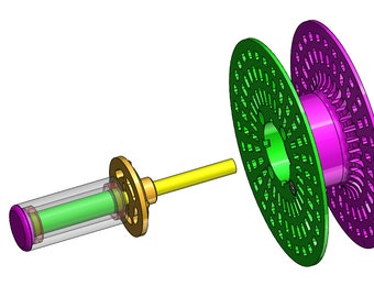 Peut inclure: Une bobine démontée avec une bague extérieure verte et violette, un arbre jaune et un tube intérieur transparent. La bobine est en plastique et possède un anneau métallique à une extrémité.