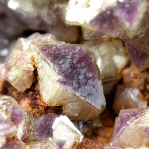 May include: Close-up of a cluster of crystalline formations. The crystals are a mix of translucent, pale yellow and deep purple hues. The geometric shapes are clustered together on a reddish-brown matrix, creating a textured, natural appearance.