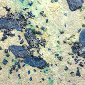 May include: A macro view of a textured, light beige surface scattered with numerous small, irregular dark blue mineral crystals and fine green particles. The blue fragments vary in size, ranging from tiny specks to larger, flat, rectangular shards.