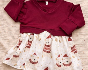 Weihnachtskleid für Mädchen | Festliches Kleid mit Eisbären | Handmade Kinderkleidung aus Jersey | Größe 56–122 |