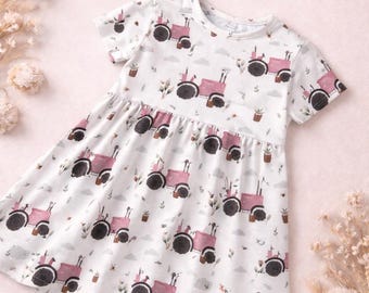 Kinderkleid Jersey Traktor | Baby Kleid Mädchen | Bauernhof Kleid | Handmade | Größe 56–122 | Geschenk Mädchen