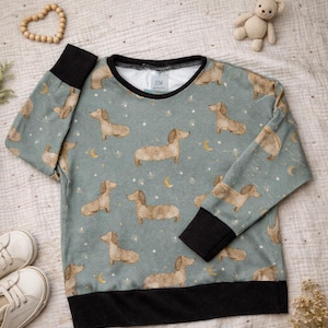 Könnte beinhalten: Hellblaues Sweatshirt mit einem sich wiederholenden Muster aus Dackeln, Sternen und Monden. Es hat schwarze Bündchen, Saum und Halsbündchen. Das Etikett lautet "104".