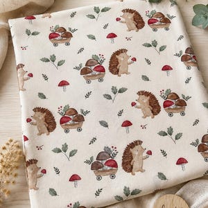 French Terry & Jersey Stoff Igel Pilze – Herbststoff Meterware – Kinderstoff Waldtiere – Baumwollstoff für Babykleidung, Pullover und Hosen