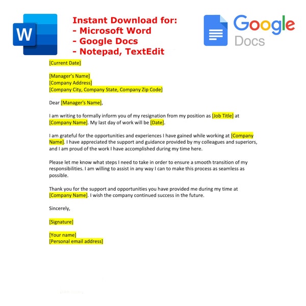 Resignation Letter Template, Resignation Letter Template (Microsoft Word, Google Docs)