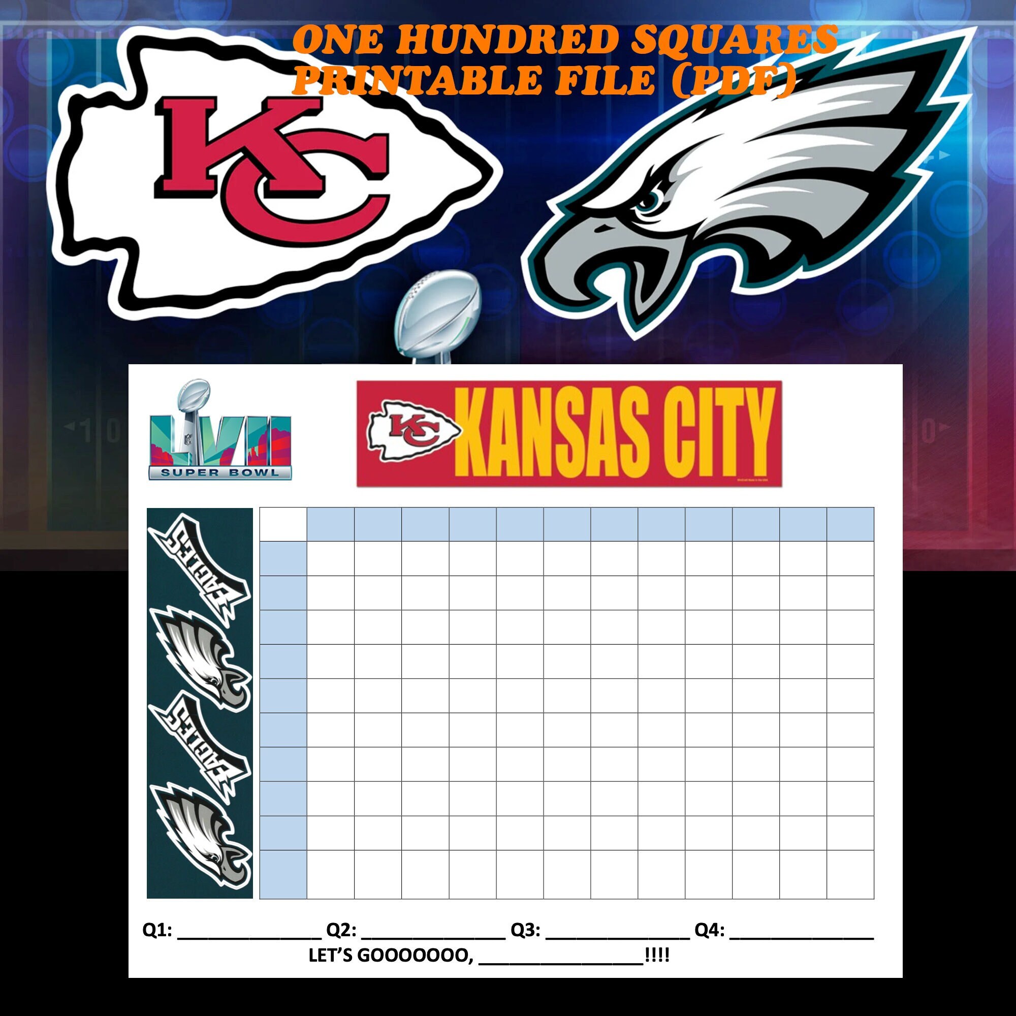 Printable Super Bowl Squares 100, Football Squares Template, Super Bowl