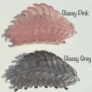 May include: Two leaf-shaped hair clips are shown. One is a translucent pink, labelled "Glassy Pink," and the other is a translucent grey, labelled "Glassy Grey." Both clips have a glossy finish and a detailed feather design.