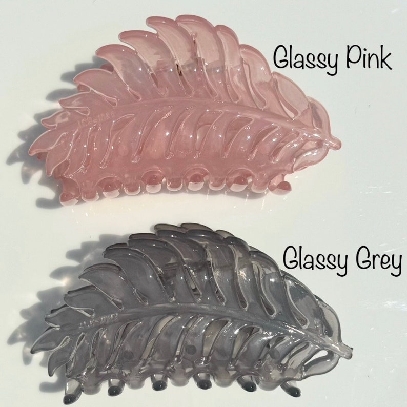 May include: Two leaf-shaped hair clips are shown. One is a translucent pink, labelled "Glassy Pink," and the other is a translucent grey, labelled "Glassy Grey." Both clips have a glossy finish and a detailed feather design.