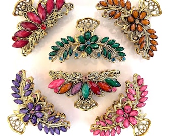 Rhinestone Hair Claw Clip Set: Elegant Jewel Klips, Metal Heavy Strong Hold