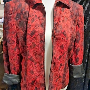 May include: Red and black snakeskin-patterned jacket with a zipper closure. The jacket has black leather cuffs and small embellishments. The jacket is displayed on a mannequin.