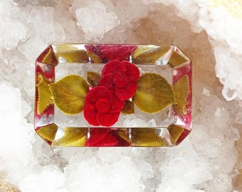 Vintage 1940s Red Roses Encased in Lucite Brooch