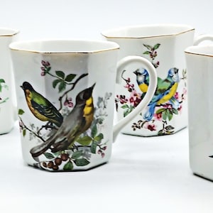 Vintage Porcelain Painted Bird-Flower Coffee or Tea Cups