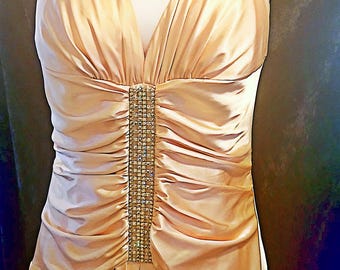 Vintage Jessica McClintock Rhinestone Halter Top Evening Gown