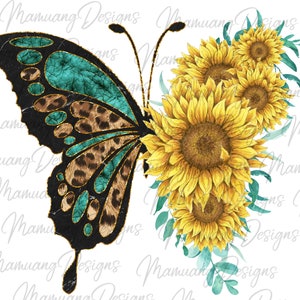 Butterfly with Sunflower, Western Sublimation Design, Printable Digital Download for T Shirt, Sunflower PNG. Country Leopard Cheetah