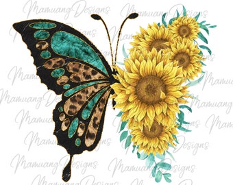 Butterfly with Sunflower, Western Sublimation Design, Printable Digital Download for T Shirt, Sunflower PNG. Country Leopard Cheetah