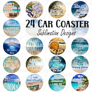 Car Coaster, Tropical Beach Bundle, Sublimation Design, Printable Digital Download, Round Sign Cup, Key Chain, Keychain Set Wraps Template