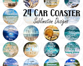 Car Coaster, Tropical Beach Bundle, Sublimation Design, Printable Digital Download, Round Sign Cup, Key Chain, Keychain Set Wraps Template