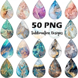 May include: 50 PNG Sublimation Designs featuring abstract water drop shapes with marbleized patterns in shades of blue, green, pink, and gold.