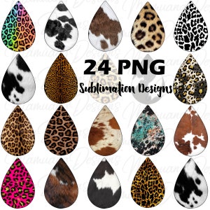 May include: 24 PNG Sublimation Designs. A set of 24 digital images featuring various animal print patterns in a teardrop shape. The patterns include cowhide, leopard, cheetah, and zebra.