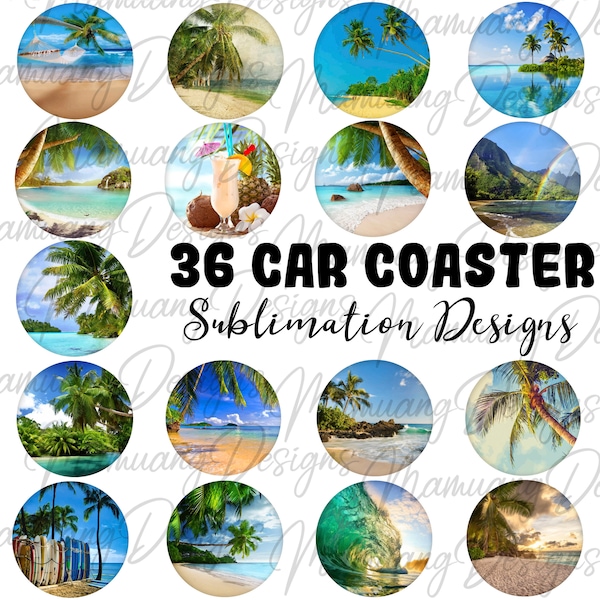 Car Coaster, Tropical Beach Bundle, Sublimation Design, Printable Digital Download, Round Sign Cup, Key Chain, Keychain Set Wraps Template