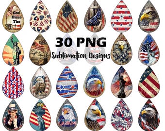 May include: A set of 30 PNG sublimation designs with patriotic American themes. The designs feature the American flag, eagles, the Statue of Liberty, and Uncle Sam. Ideal for crafting, these designs come in various styles and colours.
