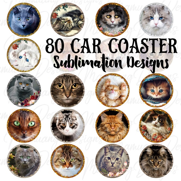 Car Coaster, Cat Lover Bundle, Sublimation Design, Printable Digital Download, Round Sign Cup, Key Chain, Keychain Set Wraps Template Kitten