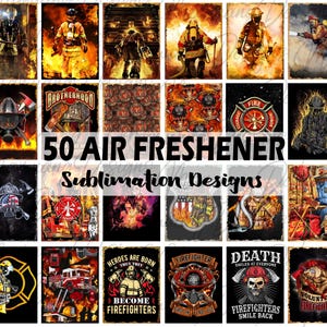 Könnte beinhalten: 50 Sublimationsdesigns für Lufterfrischer mit Feuerwehrleuten, Feuerwehrautos und feuerbezogenen Bildern. Die Designs umfassen eine Vielzahl von Stilen, von realistisch bis cartoonartig, und zeigen eine Vielzahl von Farben, darunter Rot, Gelb, Schwarz und Weiß.