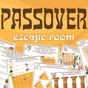 May include: A collection of printed game sheets for a Passover-themed escape room. The title "Passover Escape Room" is displayed in brown letters on a yellow background. The sheets feature illustrations and puzzles related to the Passover story.