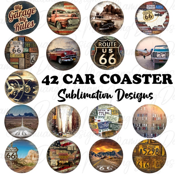 Car Coaster, Retro Route 66 Bundle, Sublimation Design, Printable Digital Download, Round Sign Cup, Key Chain, Keychain Set Wraps Template