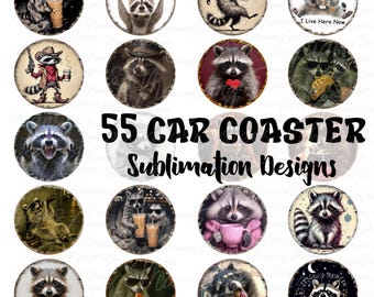 Car Coaster, Funny Racoon Bundle, Sublimation Design, Printable Digital Download, Round Sign Cup, Key Chain, Keychain Set Wraps Template