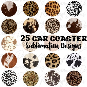 Può includere: 25 design di sublimazione per sottobicchieri per auto. I design presentano varie stampe animalier, tra cui pelle di mucca, leopardo e ghepardo.