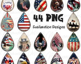 May include: 44 sublimation designs featuring patriotic American flag and eagle themed images in a teardrop shape. The designs are perfect for creating custom tumblers, mugs, phone cases, and other crafts.