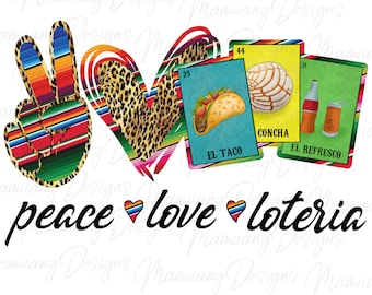Peace Love Loteria, Mexican Sublimation Design, Printable Digital Download for T Shirt, Play Card, Mexico Game PNG, Street Food Taco Concha