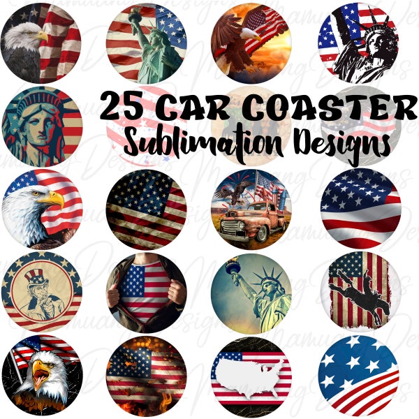 Car Coaster, American Patriotic Bundle, Sublimation Design, Printable Digital Download, Round Sign Cup, Key Chain, USA Keychain Set Wraps