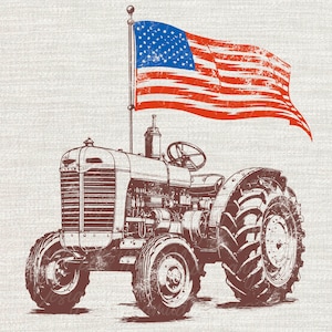 May include: A vintage red and brown tractor with a large rear tire and a US flag waving behind it. The tractor has a detailed engine and a grill with a logo.