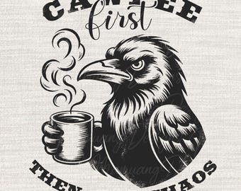 Cawfee Crow Raven PNG, Vogel trinken Kaffee, sarkastischer Humor, trendiger Liebeskaffee, Sublimationsdesign druckbarer digitaler Download für T-Shirt