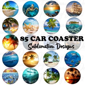 Puede incluir: Colección de 85 diseños de sublimación para posavasos de coche. Los diseños presentan varias escenas de playa tropicales, puestas de sol, vida marina y un barco pirata. El texto "85 CAR COASTER Sublimation Designs" se muestra.