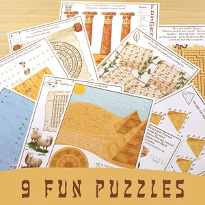 May include: A collection of nine educational puzzles with illustrations and text. The puzzles feature images of pyramids, sheep, and other graphics. The phrase "9 FUN PUZZLES" is displayed at the bottom of the image.