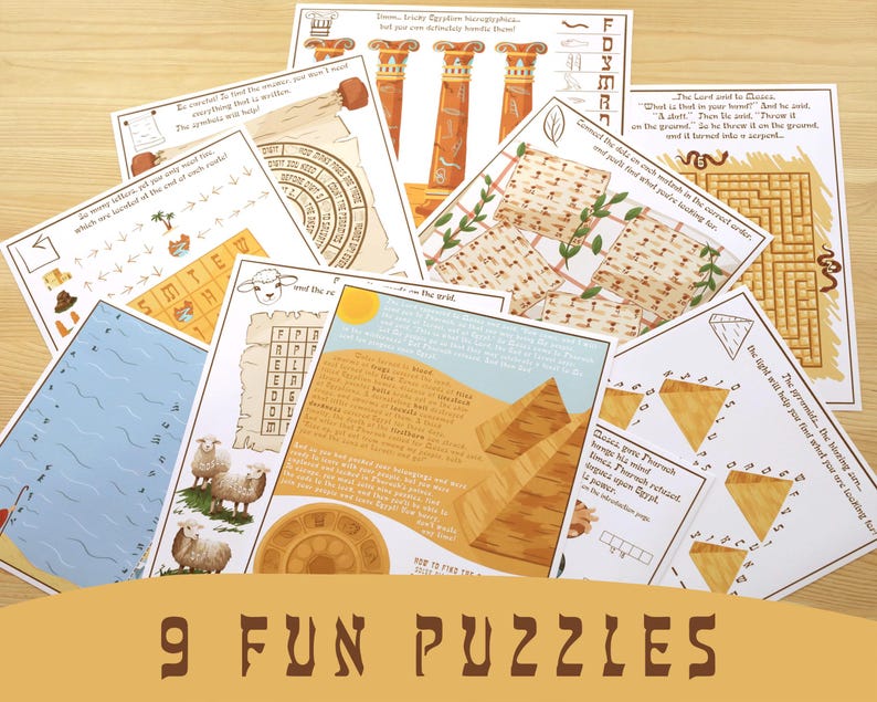 May include: A collection of nine educational puzzles with illustrations and text. The puzzles feature images of pyramids, sheep, and other graphics. The phrase "9 FUN PUZZLES" is displayed at the bottom of the image.