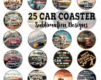 Sottobicchieri per auto, pacchetto viaggio su strada retrò, design a sublimazione, download stampabile, tazza con cartello rotondo, portachiavi, modello per set di portachiavi