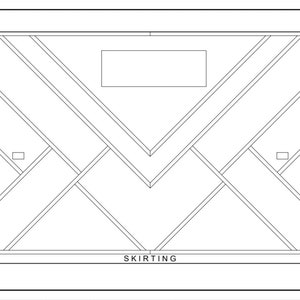 K&ouml;nnte beinhalten: Eine Schwarzwei&szlig;-Linienzeichnung eines geometrischen Wandpaneel-Designs mit einer rechteckigen &Ouml;ffnung oben und zwei kleineren rechteckigen &Ouml;ffnungen an den Seiten. Das Design zeigt eine Reihe von sich kreuzenden Linien, die ein Muster aus Dreiecken und Quadraten bilden. Der Text "SKIRTING" steht unter dem Design.