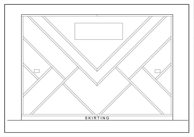 K&ouml;nnte beinhalten: Eine Schwarzwei&szlig;-Linienzeichnung eines geometrischen Wandpaneel-Designs mit einer rechteckigen &Ouml;ffnung oben und zwei kleineren rechteckigen &Ouml;ffnungen an den Seiten. Das Design zeigt eine Reihe von sich kreuzenden Linien, die ein Muster aus Dreiecken und Quadraten bilden. Der Text "SKIRTING" steht unter dem Design.