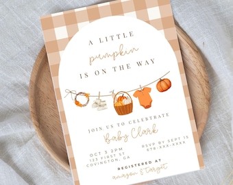 Little Pumpkin Is On the Way Baby Shower Invitation Template | Fall Baby Shower Invite | Editable Canva Template | Autumn Baby Shower Theme